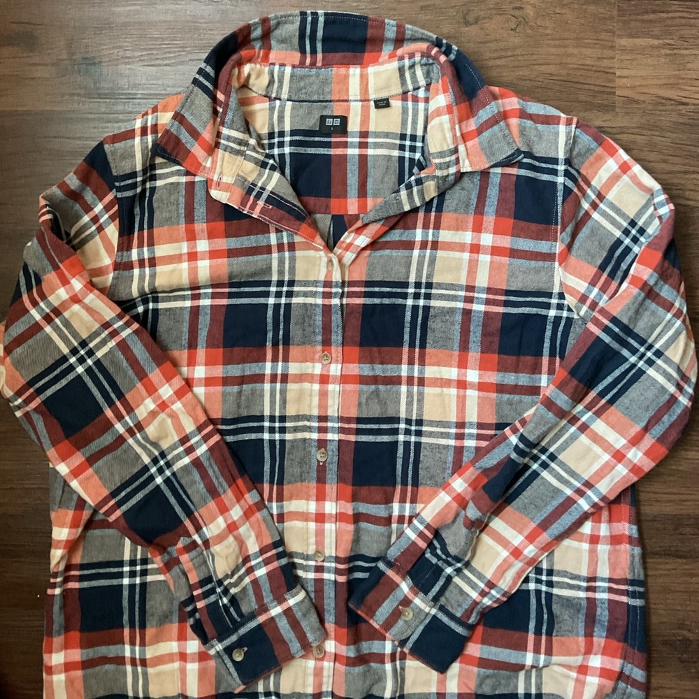 Uniqlo Plaid- Orange, Navy, Cream & White-Per Button Placement Women’s
